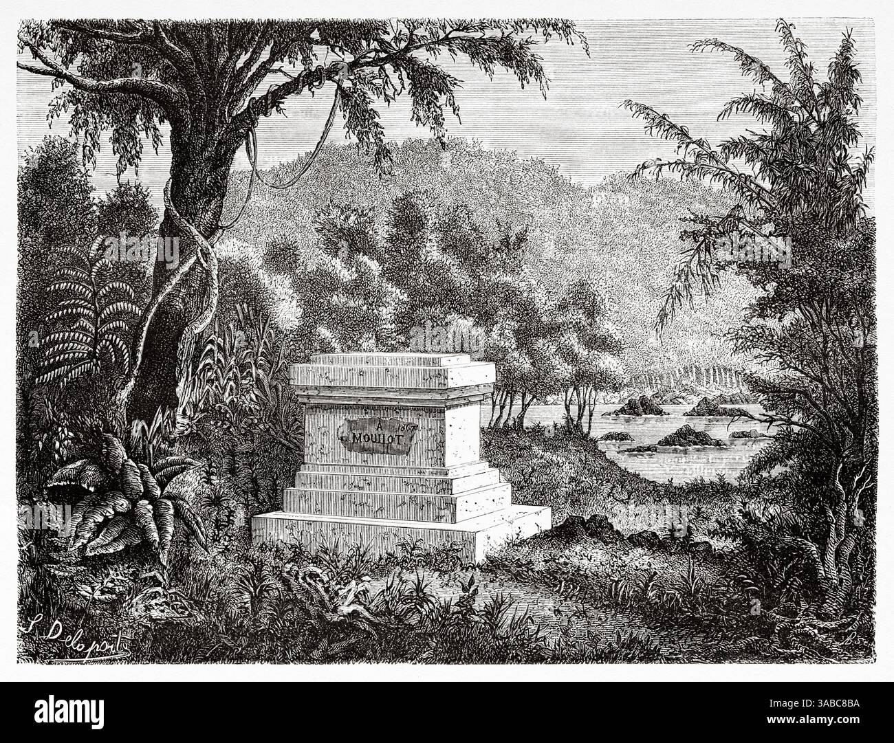 Tomba dell'esploratore francese Henri Mouhot, Ban Phanom, Laos. Penisola Indocina, Sud-est asiatico. Disegno di Louis Delaporte (1842 - 1925) viaggio esplorativo in Indocina di Francis Garnier (1839 - 1873). Le Tour du Monde 1872 essin de M. L. Delaporte, Foto Stock
