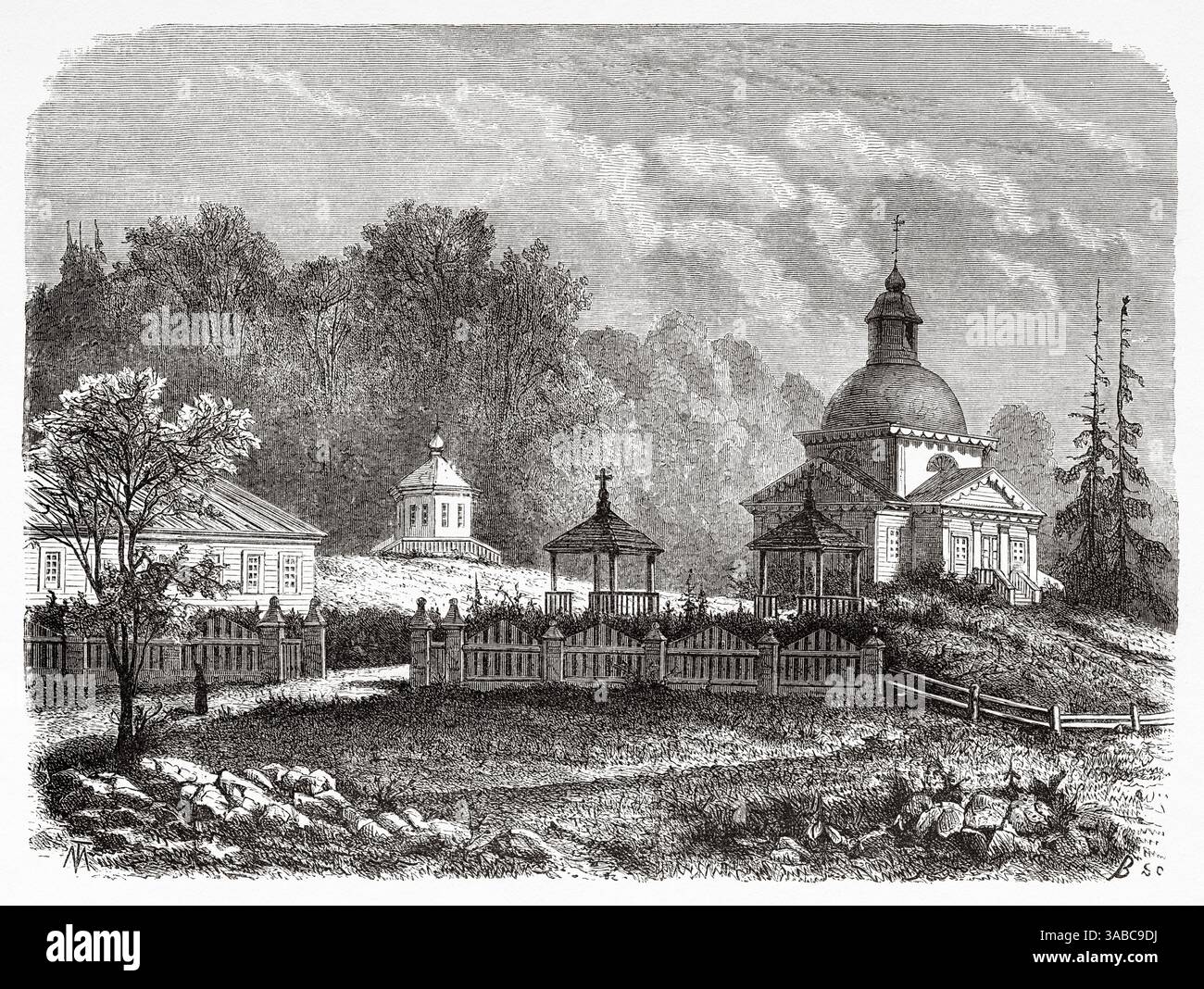 Villaggio nel nord della Russia. Disegno di Georges Moynet (1849-1908) viaggio in Russia libera 1869 di William Hepworth Dixon. Le Tour du Monde 1872 Foto Stock