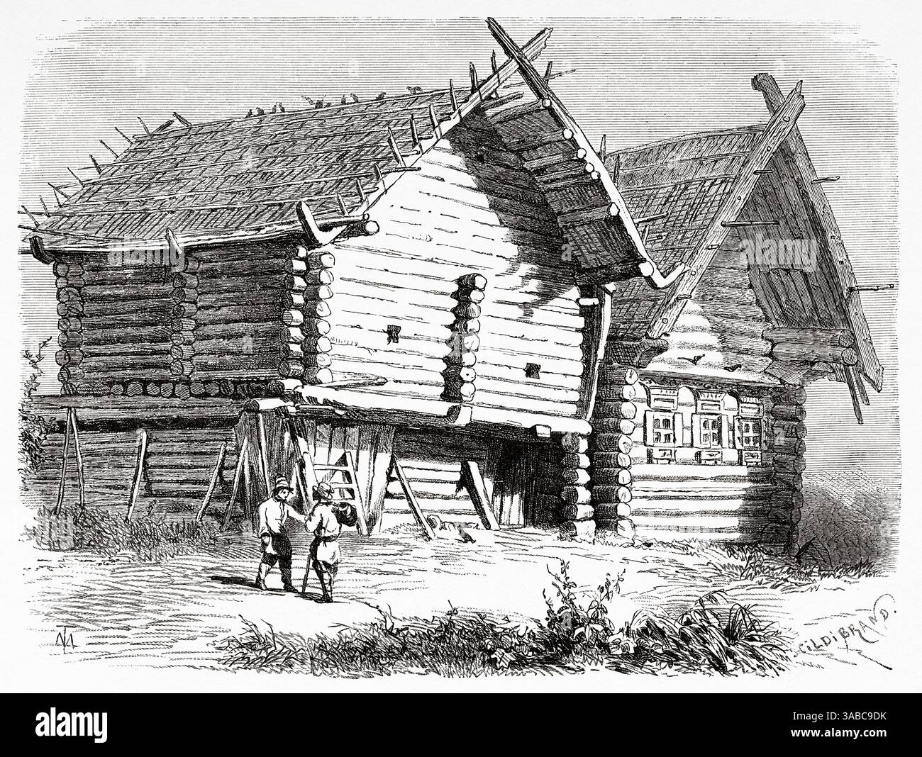 Case tradizionali in legno nel nord della Russia. Disegno di Georges Moynet (1849-1908) viaggio in Russia libera 1869 di William Hepworth Dixon. Le Tour du Monde 1872 Foto Stock