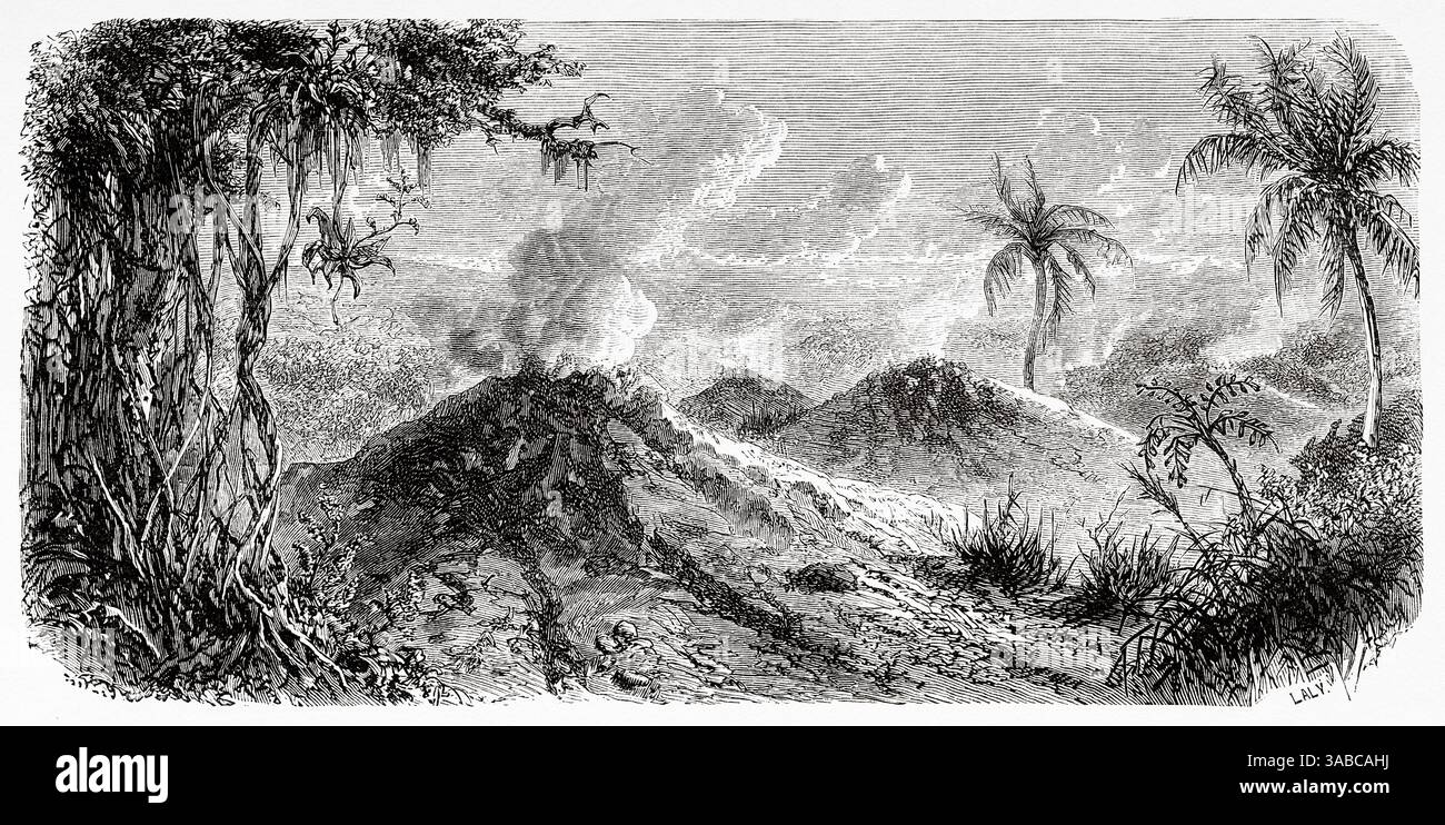 Il vulcano Totumo è un vulcano di fango situato nel comune caraibico colombiano di Santa Catalina (Bolívar) vicino alla Ciénaga del Totumo e vicino al confine con il dipartimento di Atlántico, Colombia. Sud America. Disegno di Alphonse de Neuville (1835-1885) viaggio a New Grenada, 1869 di Charles Saffray (1833-1890) le Tour du Monde 1872 Foto Stock