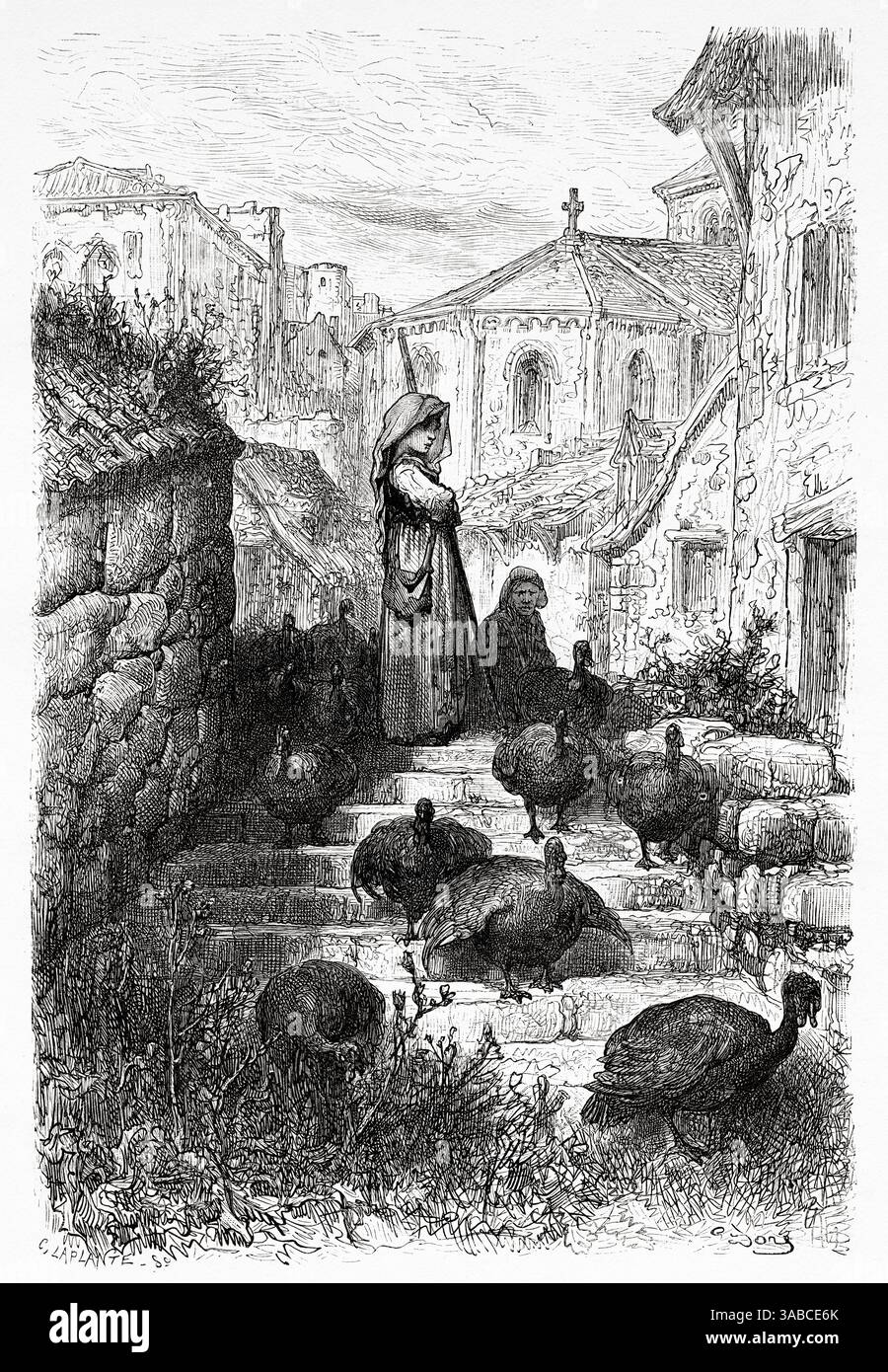 Donna che si prende cura dei tacchini. Un contadino di tacchino nella campagna di Salamanca. Castiglia e León, Spagna, Europa. Viaggio in Spagna, 1862 di Jean Charles Davillier (1823-1883) disegno di Gustave Dore (1832-1883) le Tour du Monde 1872 Foto Stock