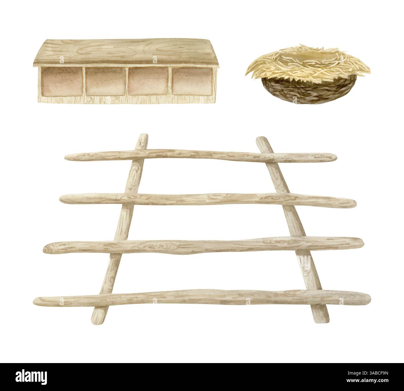 Coop di pollo con scala di prugne, nido e scatola di nido, illustrazione acquerello isolata su sfondo bianco. Pollaio in legno disegnato a mano Foto Stock
