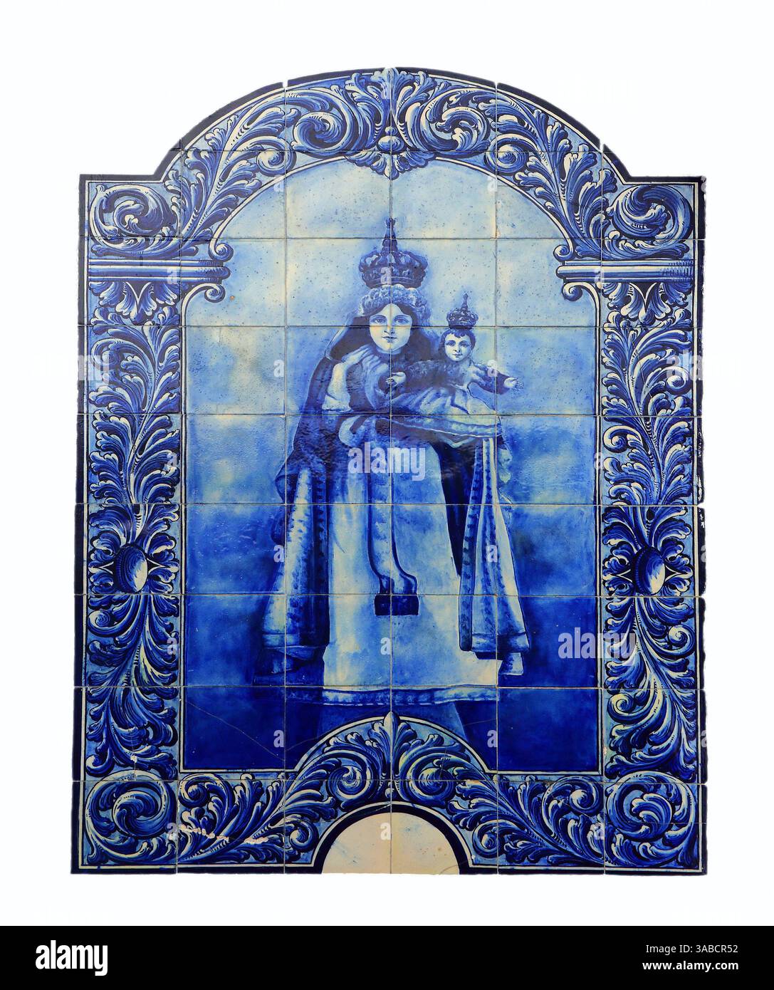 Pannello in ceramica azulejo storico, portoghese, blu e bianco, raffigurante Maria e il bambino Cristo. Portogallo. Foto Stock
