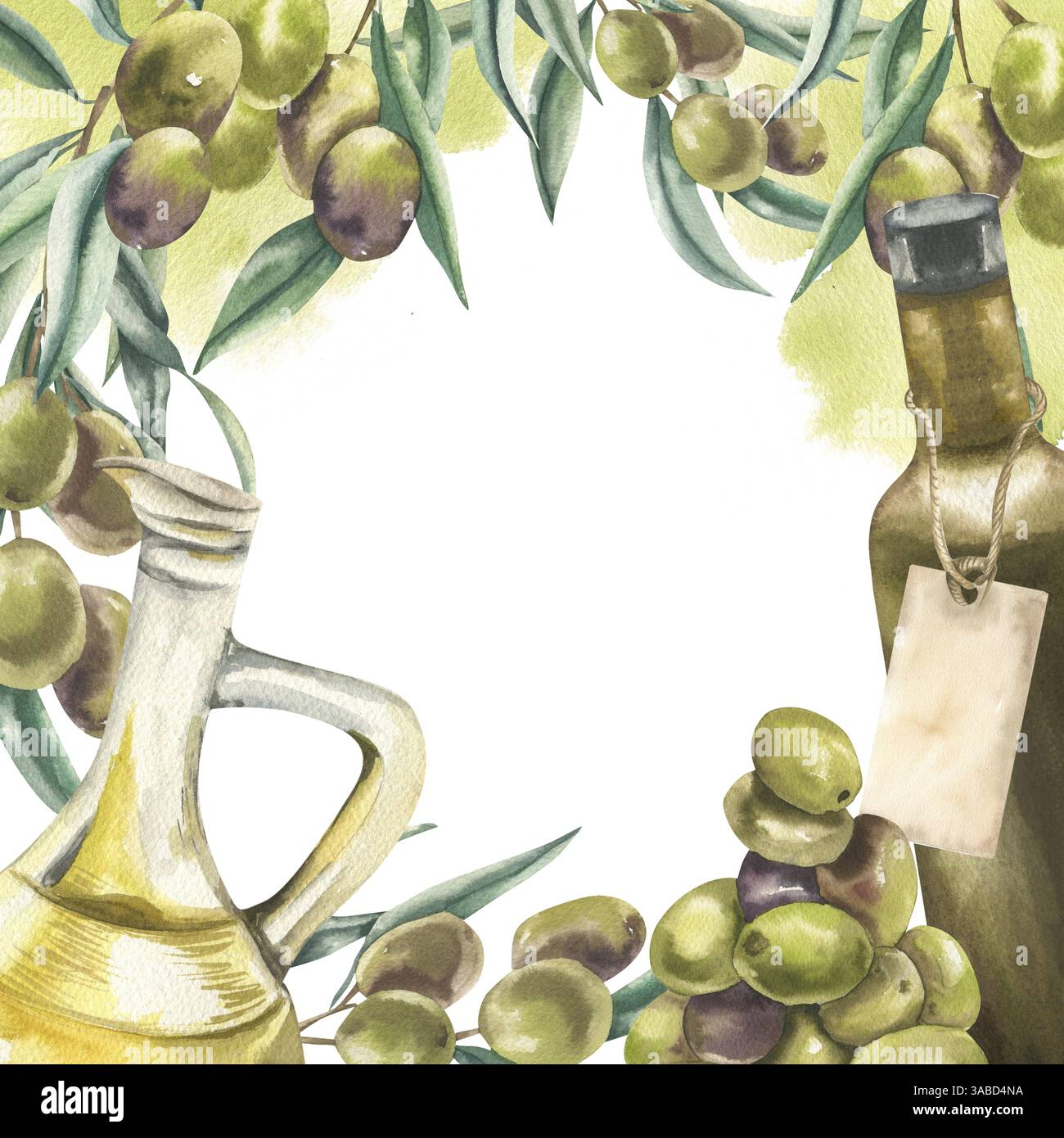 Striscione acquerello Olive food con caraffa in vetro olio, bottiglia verde decorata con mazzo di olive e rami di acquerello. Organo vegano disegnato a mano Foto Stock