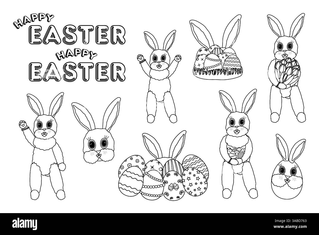 Una serie di illustrazioni in bianco e nero di Pasqua con simpatici coniglietti di Pasqua antropomorfi, uova di Pasqua ornate e - buona Pasqua - testo da colorare Illustrazione Vettoriale