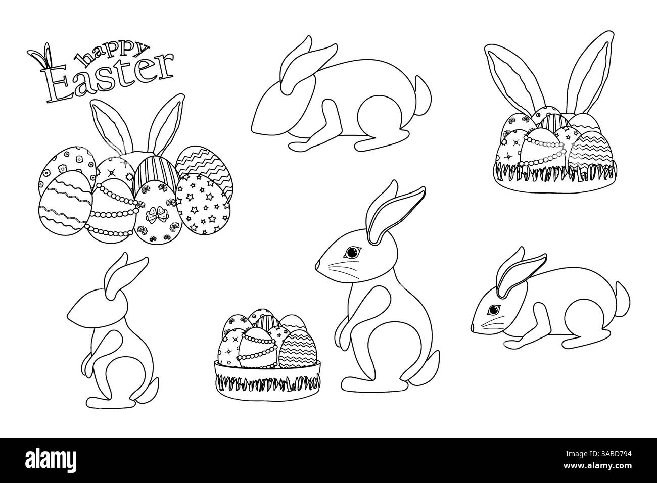 Una serie di illustrazioni in bianco e nero a tema pasquale con coniglietti di Pasqua, uova di Pasqua ornate ed elementi festivi per colorare la pagina. Coniglio Coll Illustrazione Vettoriale