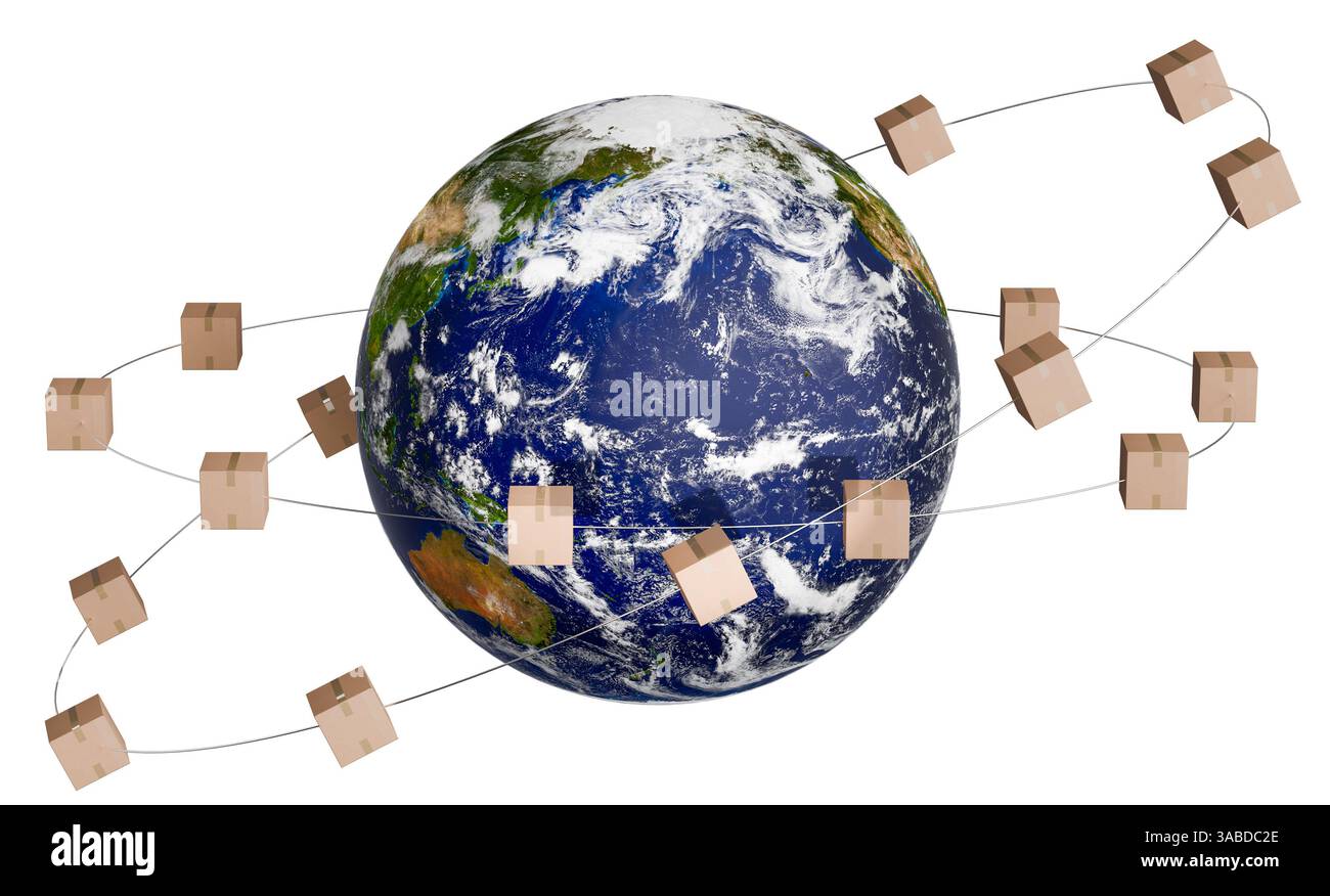 Concetto World Trade o concetto di trasporto: Scatole di cartone che ruotano intorno al pianeta Terra. Sfondo bianco puro per una migliore separazione Foto Stock