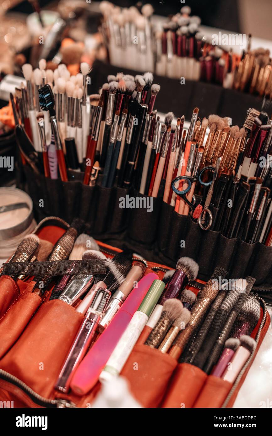 Varie spazzole per trucco in custodie nero e rosso, dettagli e accessori per visiera e trucco Foto Stock