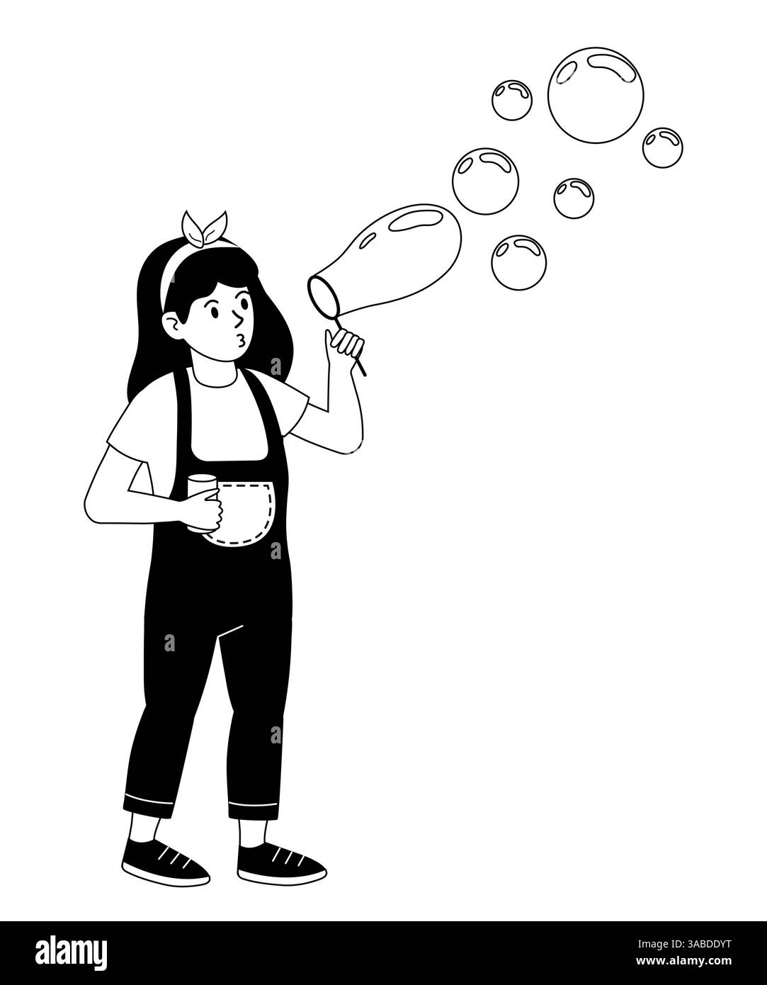 Ragazza che soffia le bolle in un parco durante una giornata di sole mentre tiene in mano una tazza Illustrazione Vettoriale
