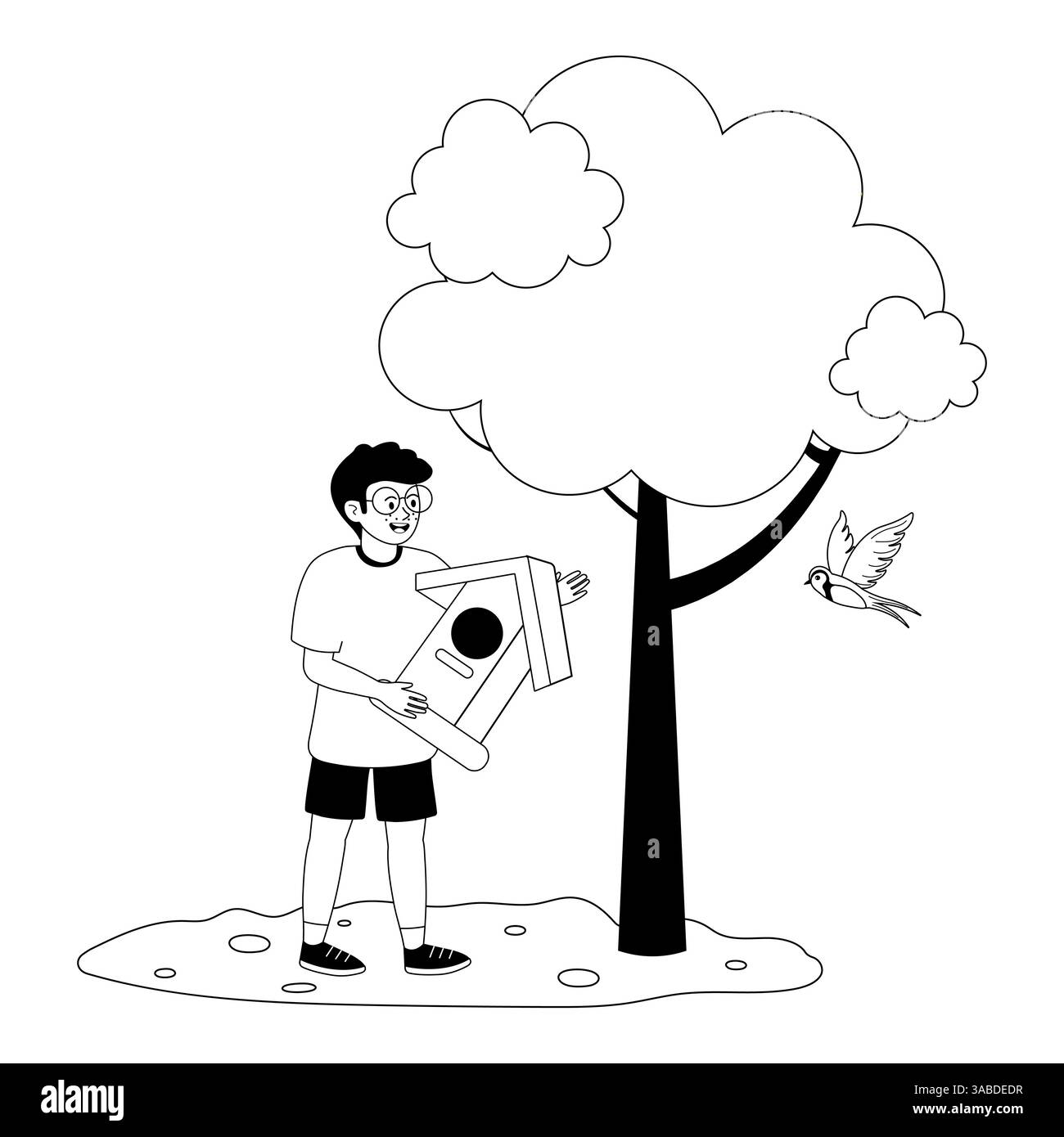 Il bambino appende la casa degli uccelli sull'albero mentre un uccello vola nelle vicinanze in un parco soleggiato Illustrazione Vettoriale
