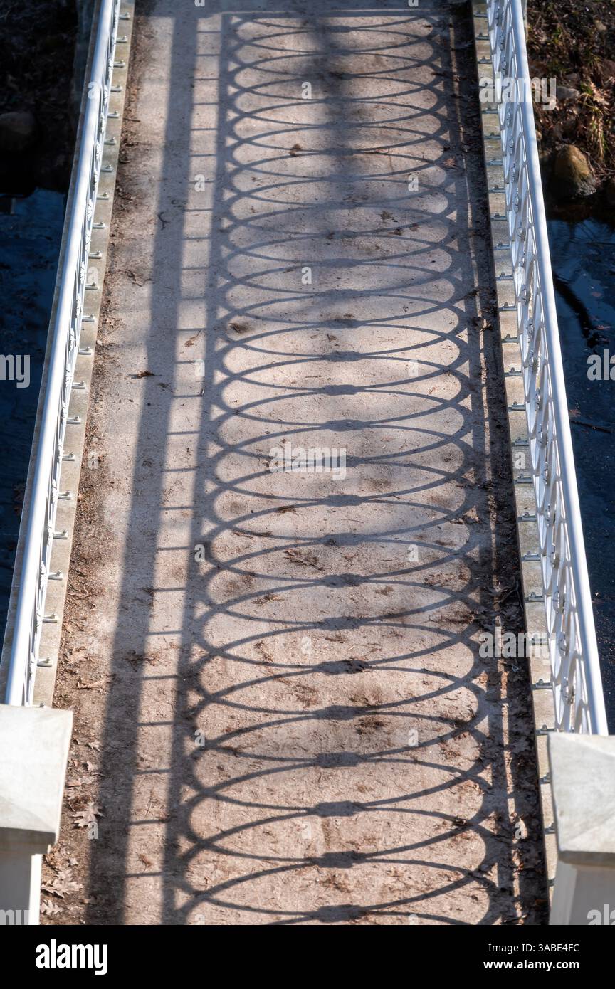 Un ponte pedonale mostra intricati motivi d'ombra dalla ringhiera in un parco tranquillo. Foto Stock