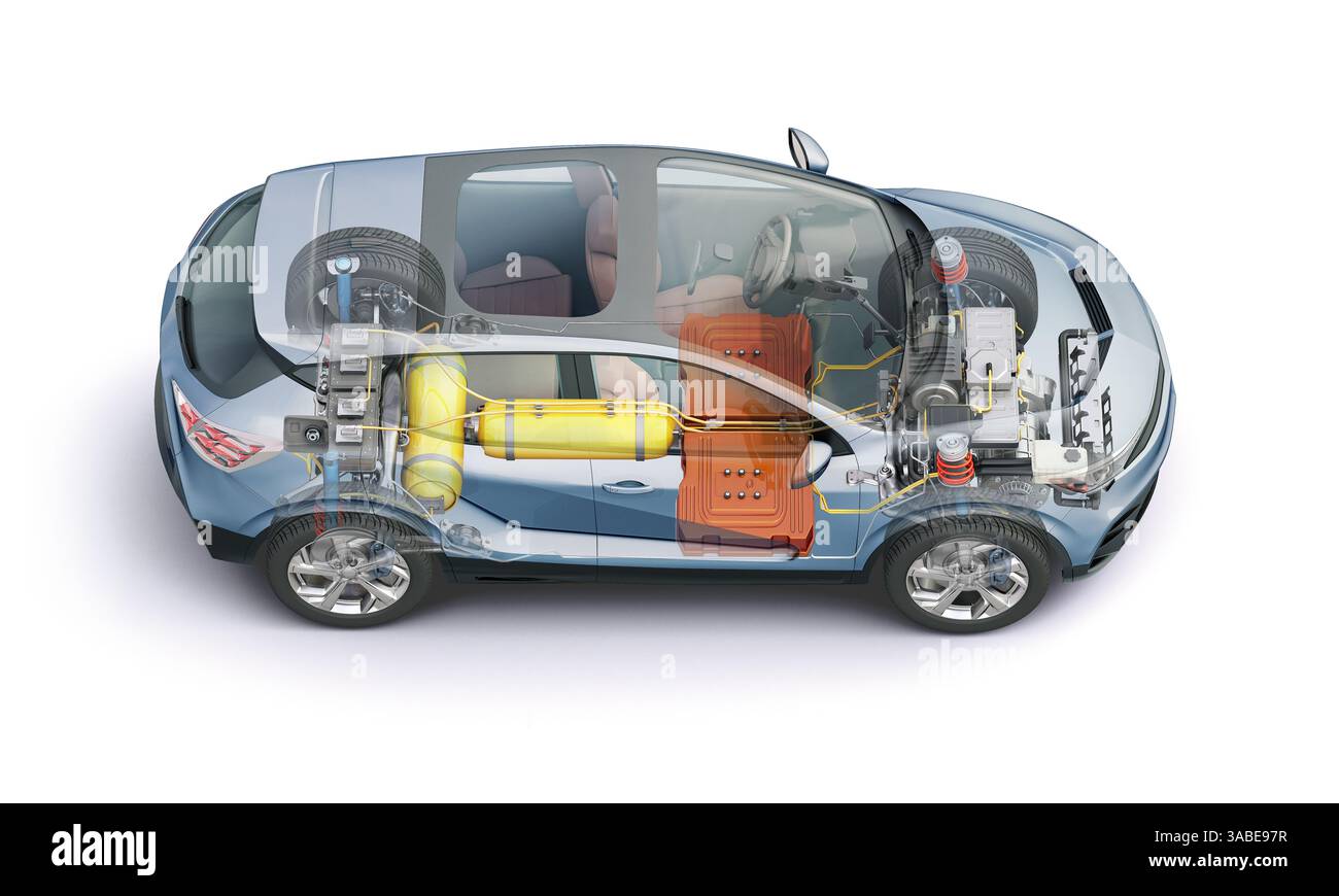 Rendering 3d generico per auto con carburante a idrogeno con tutti i dettagli principali dell'impianto HV in effetto fantasma. Vista dall'alto prospettica su sfondo bianco Foto Stock