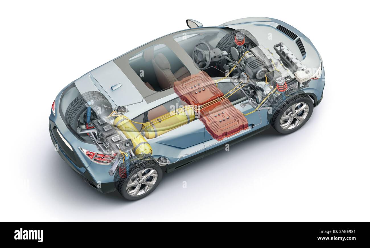 Rendering 3d generico per auto con carburante a idrogeno con tutti i dettagli principali dell'impianto HV in effetto fantasma. Vista dall'alto prospettica su sfondo bianco Foto Stock