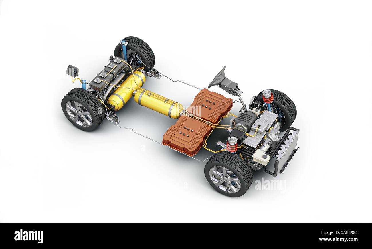 Rendering 3d in sezione tecnica generica di carburante a idrogeno per auto, sottocarro con tutti i dettagli principali interni dell'impianto ad alta tensione. Vista dall'alto prospettica su Who Foto Stock