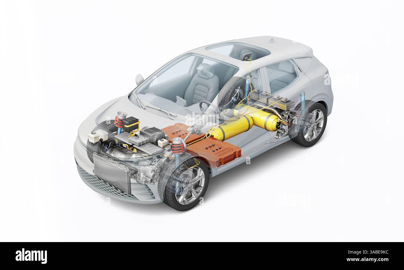 Rendering 3d generico per auto con carburante a idrogeno con tutti i dettagli principali dell'impianto HV in effetto fantasma. Vista dall'alto prospettica su sfondo bianco Foto Stock