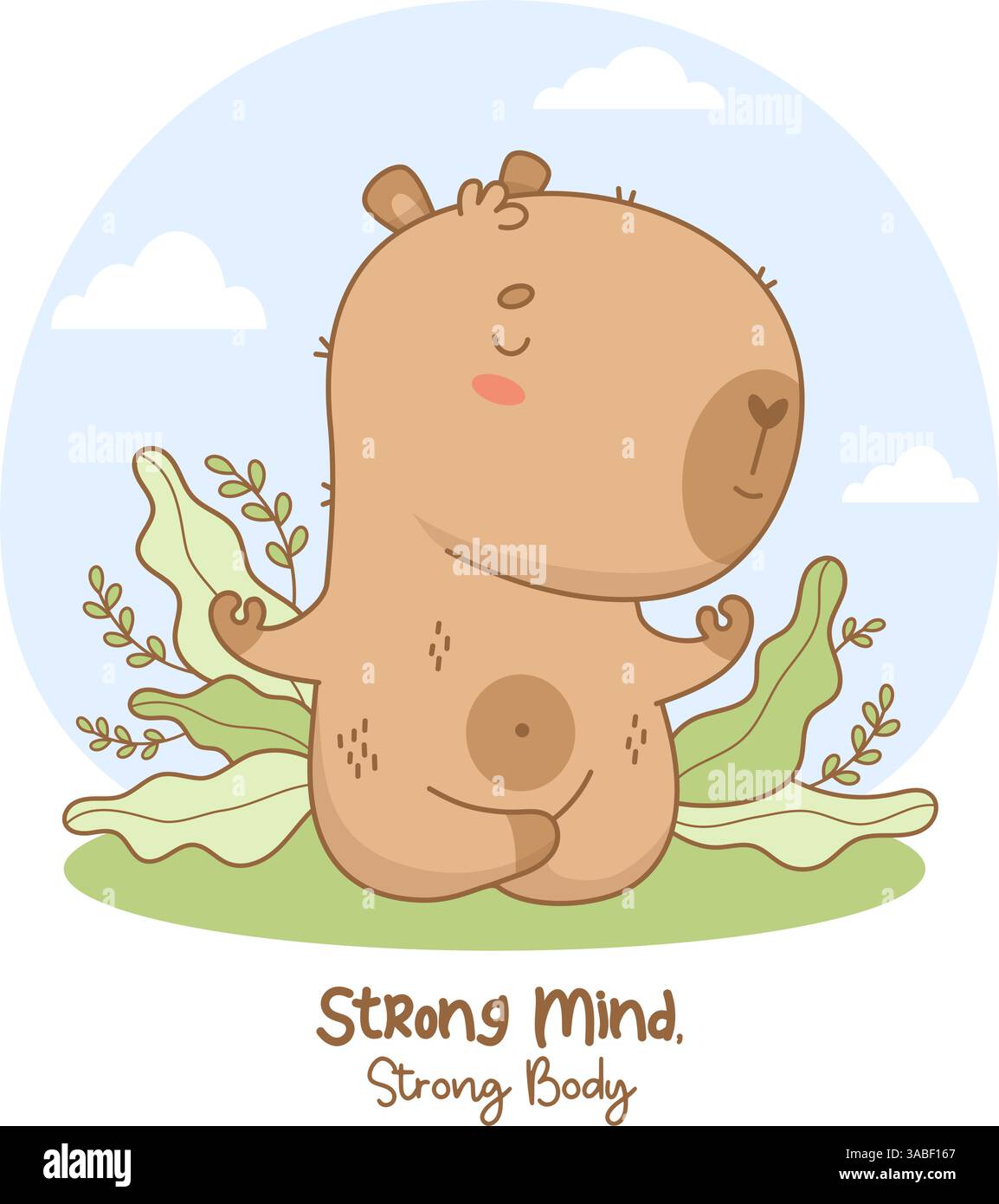Il carino Capybara medita in posa di loto in natura. Divertente e calmo atleta cartoni animati personaggio kawaii yogi animale con slogan motivazionale. Illustrazione vettoriale Illustrazione Vettoriale