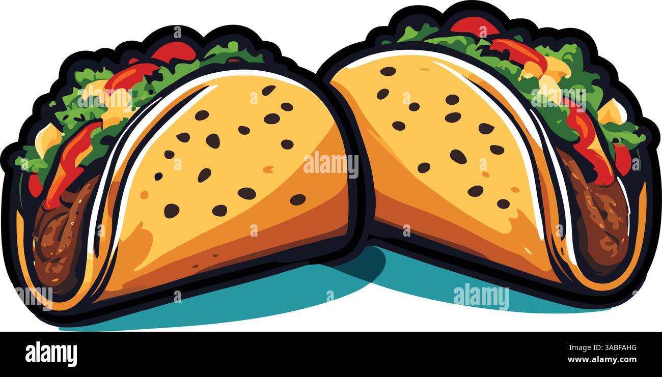 Due deliziosi tacos ripieni di carne, lattuga, pomodori e formaggio, presentati in uno stile colorato e cartoni animati. Illustrazione Vettoriale