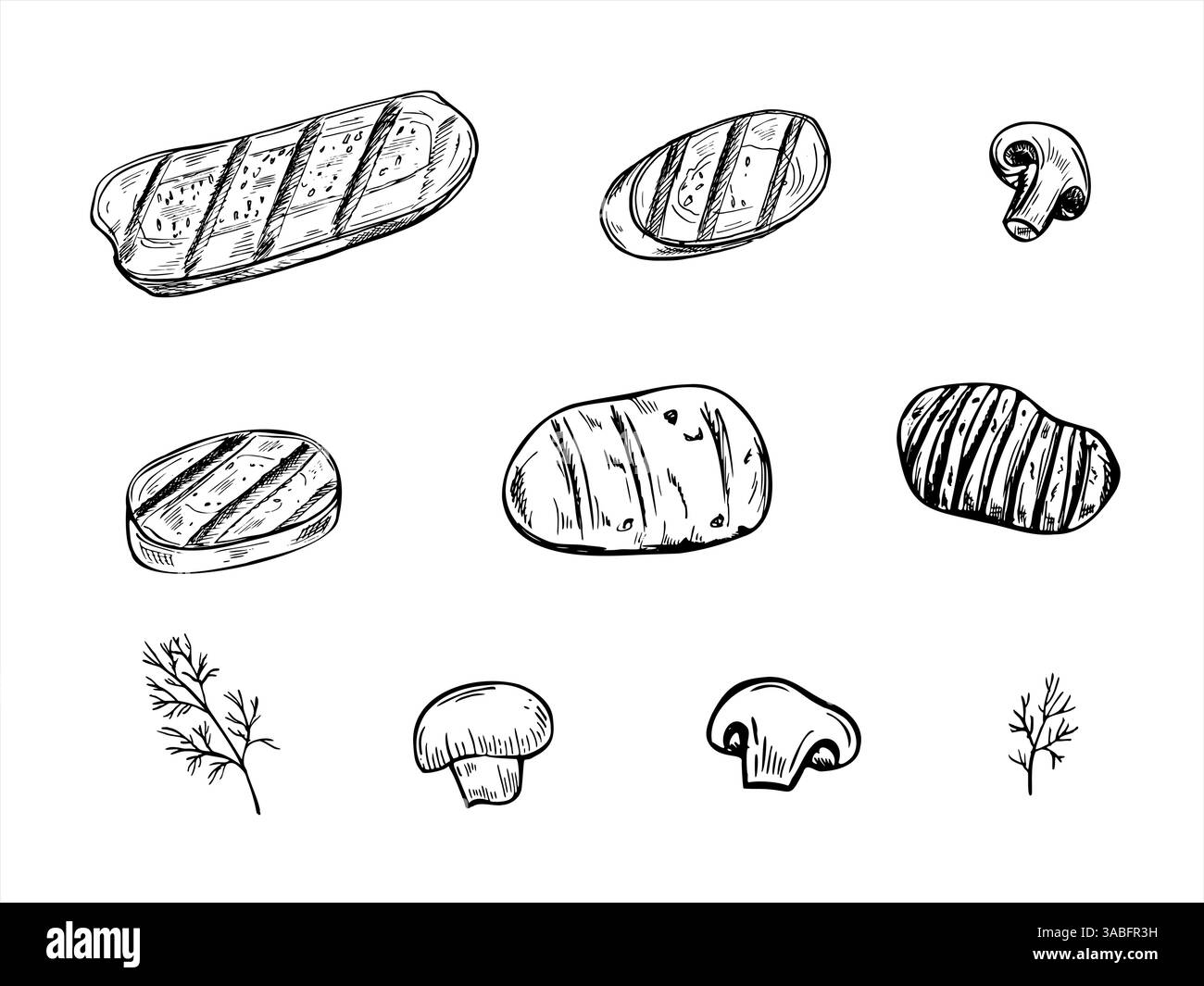 Illustrazione isolata vettoriale del set di verdure grigliate disegnata a mano dipinta con inchiostri neri. Fette di zucchine, funghi, patate, rametti di prezzemolo e aneto Illustrazione Vettoriale