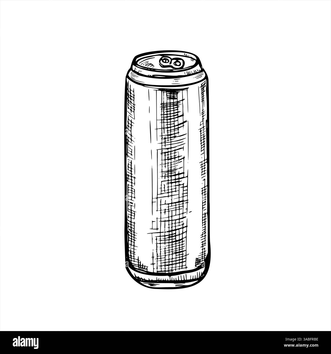 La bevanda in metallo vettoriale può contenere un'illustrazione minimalista con inchiostro nero. per confezioni di birra, bibite gassate o bevande energetiche. Disegno inciso di lattina per bevande in alluminio Illustrazione Vettoriale