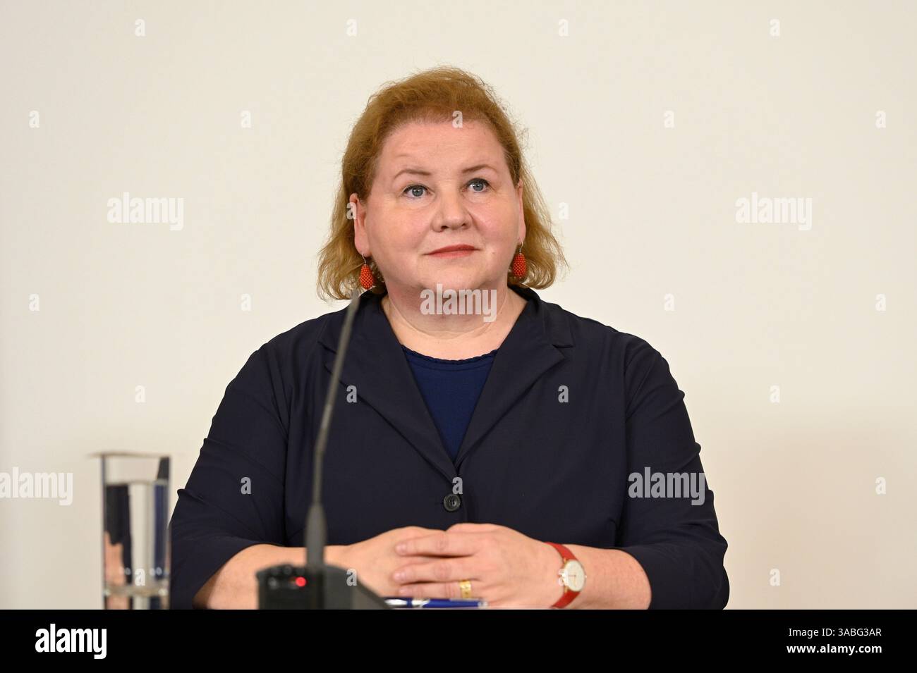 Vienna, Austria. 2 aprile 2025. Foyer stampa dopo il Consiglio dei ministri con il Ministero federale degli affari sociali, della salute, dell'assistenza e della tutela dei consumatori, Korinna Schumann (SPÖ) Foto Stock