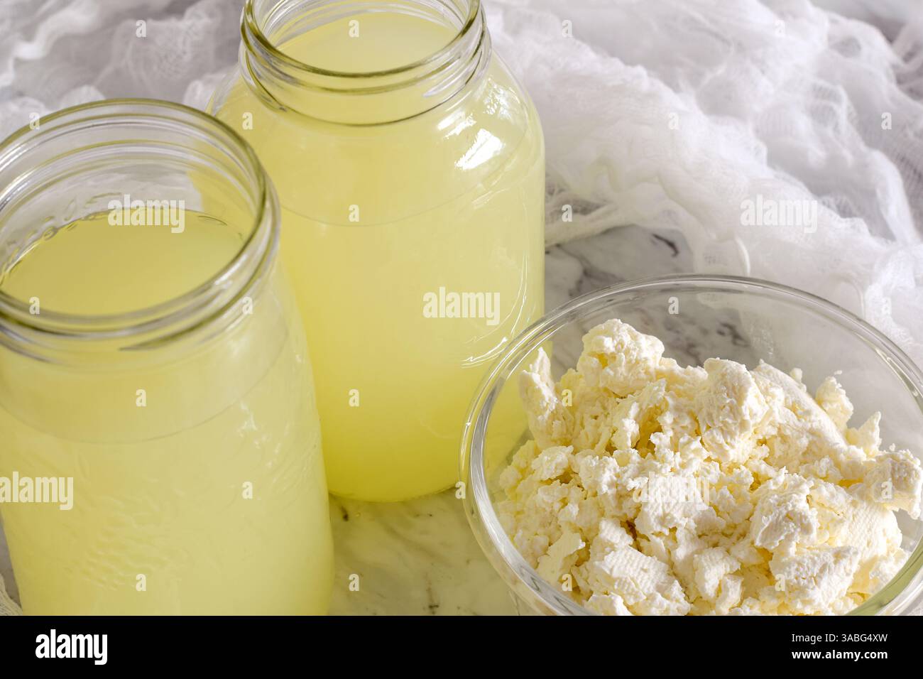 Vista dall'alto del formaggio fresco fresco e del siero di latte liquido residuo in vasetti di vetro sul piano della cucina Foto Stock