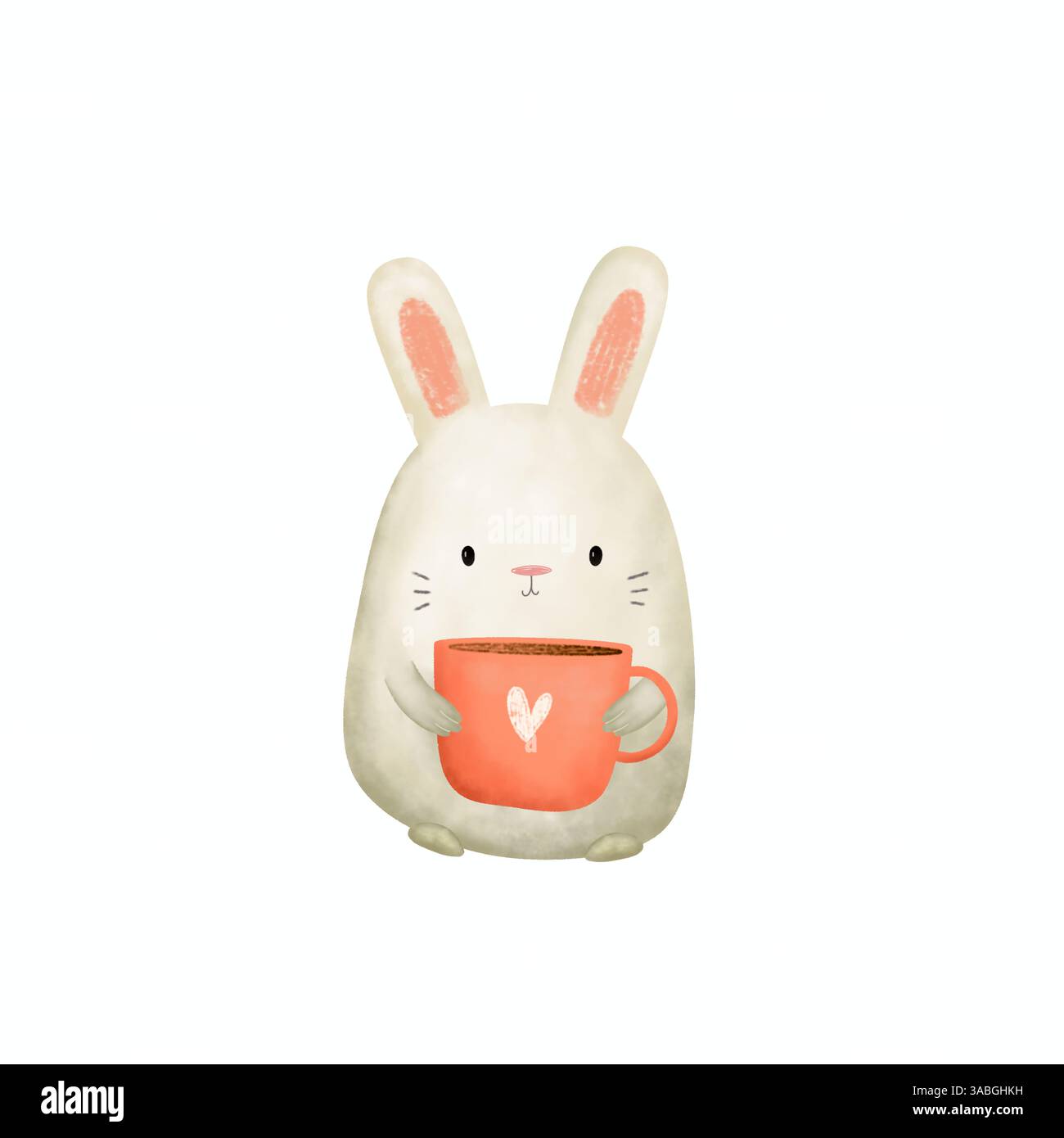 Simpatico coniglietto pasquale con illustrazione di una tazza arancione. Disegno pasquale animale isolato. Disegno di cartoni animati animali Foto Stock