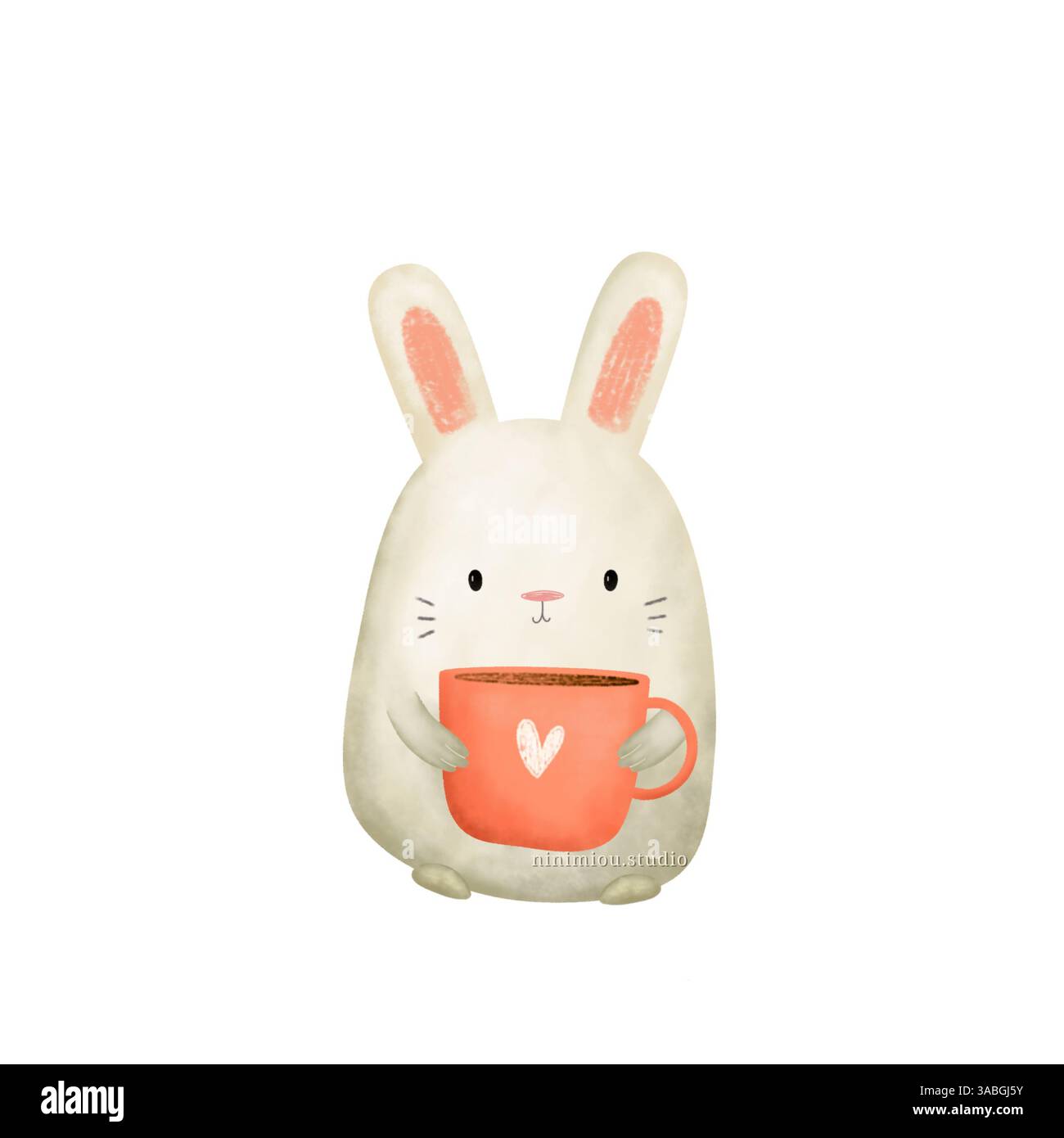 Simpatico coniglietto pasquale con illustrazione di una tazza arancione. Disegno pasquale animale isolato. Disegno di cartoni animati animali Foto Stock