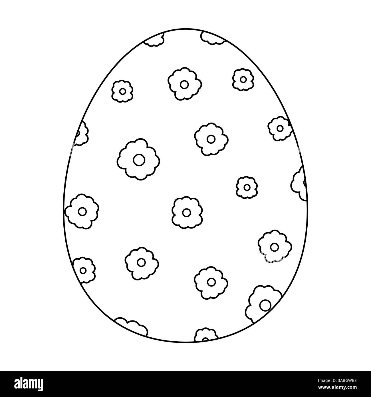 Pagina da colorare in bianco e nero con uovo di Pasqua dipinto con fiori. Ideale per attività festive, libri da colorare e artigianato per bambini. Illustrazione Vettoriale