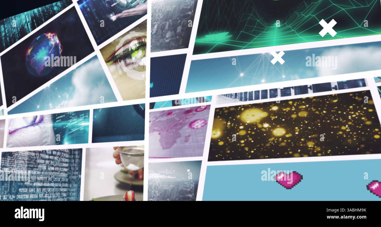 Immagine di croci bianche su più schermi di tecnologia, business e video clip per il tempo libero Foto Stock