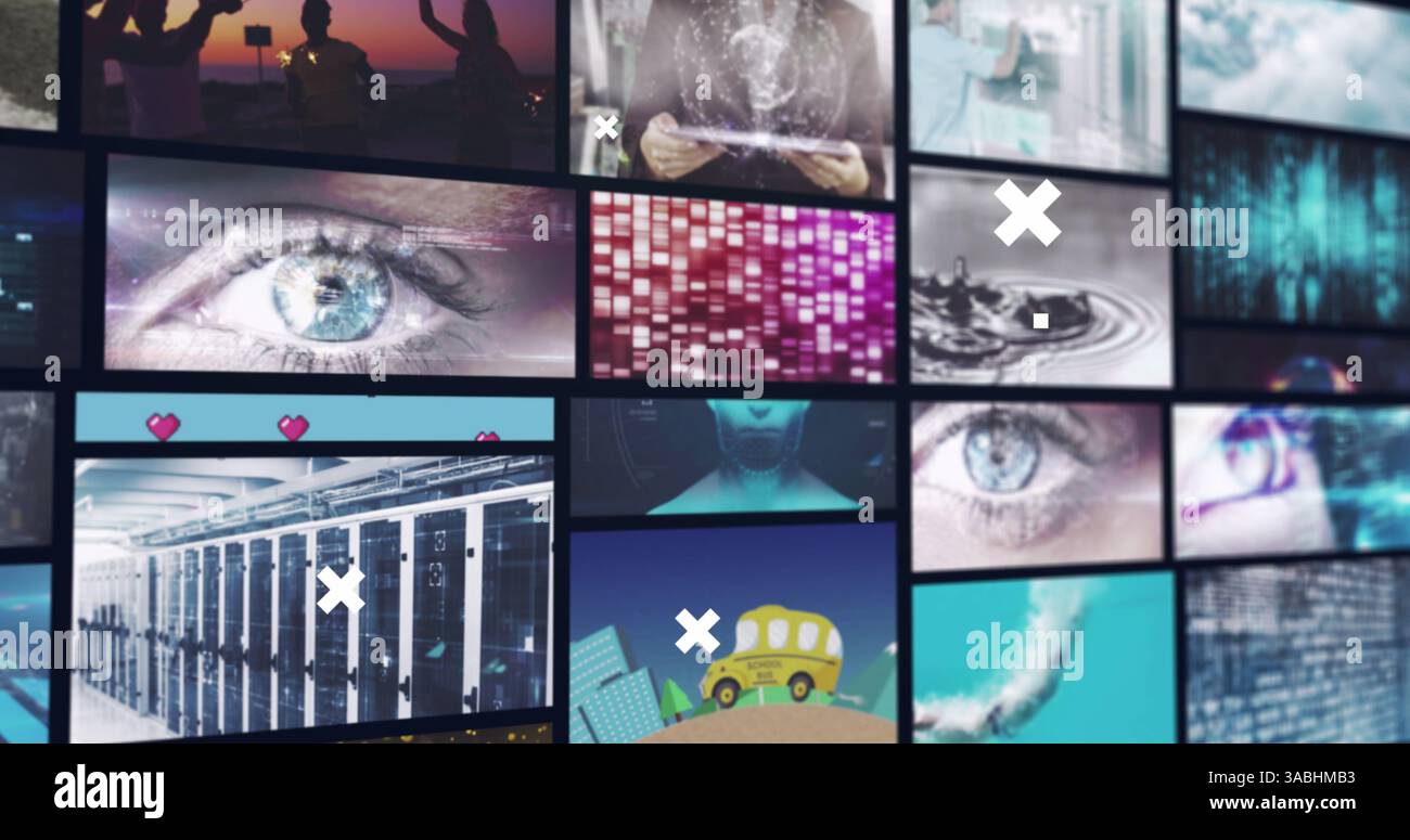 Immagine di croci bianche su più schermi di tecnologia, business e video clip per il tempo libero Foto Stock