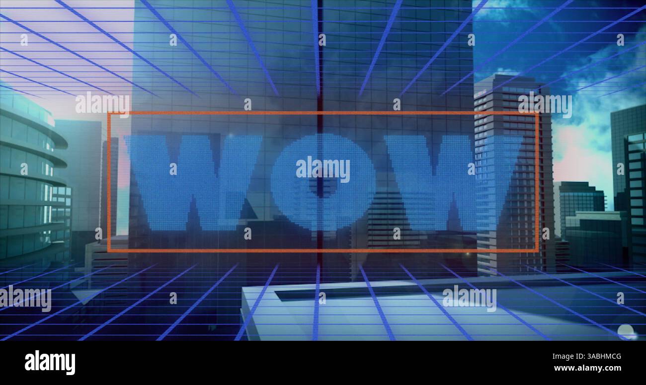 Immagine di Wow testo su un paesaggio urbano digitale Foto Stock