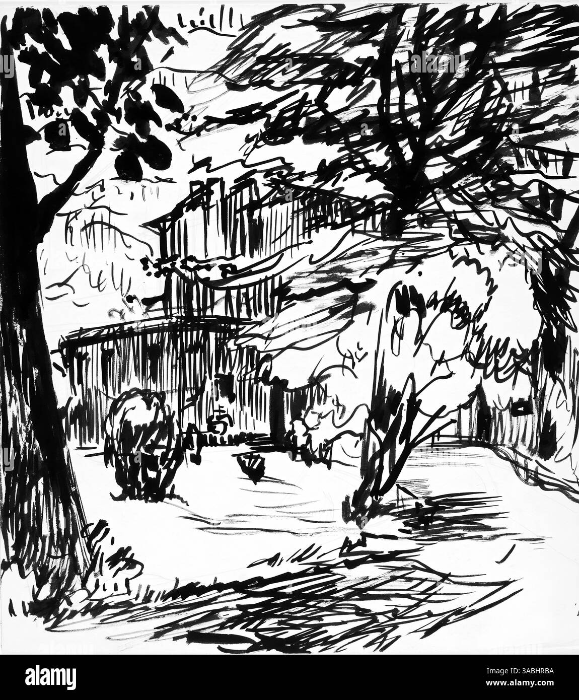 Si tratta di una splendida illustrazione in bianco e nero, raffigurante alberi in un paesaggio meravigliosamente tranquillo e sereno Foto Stock