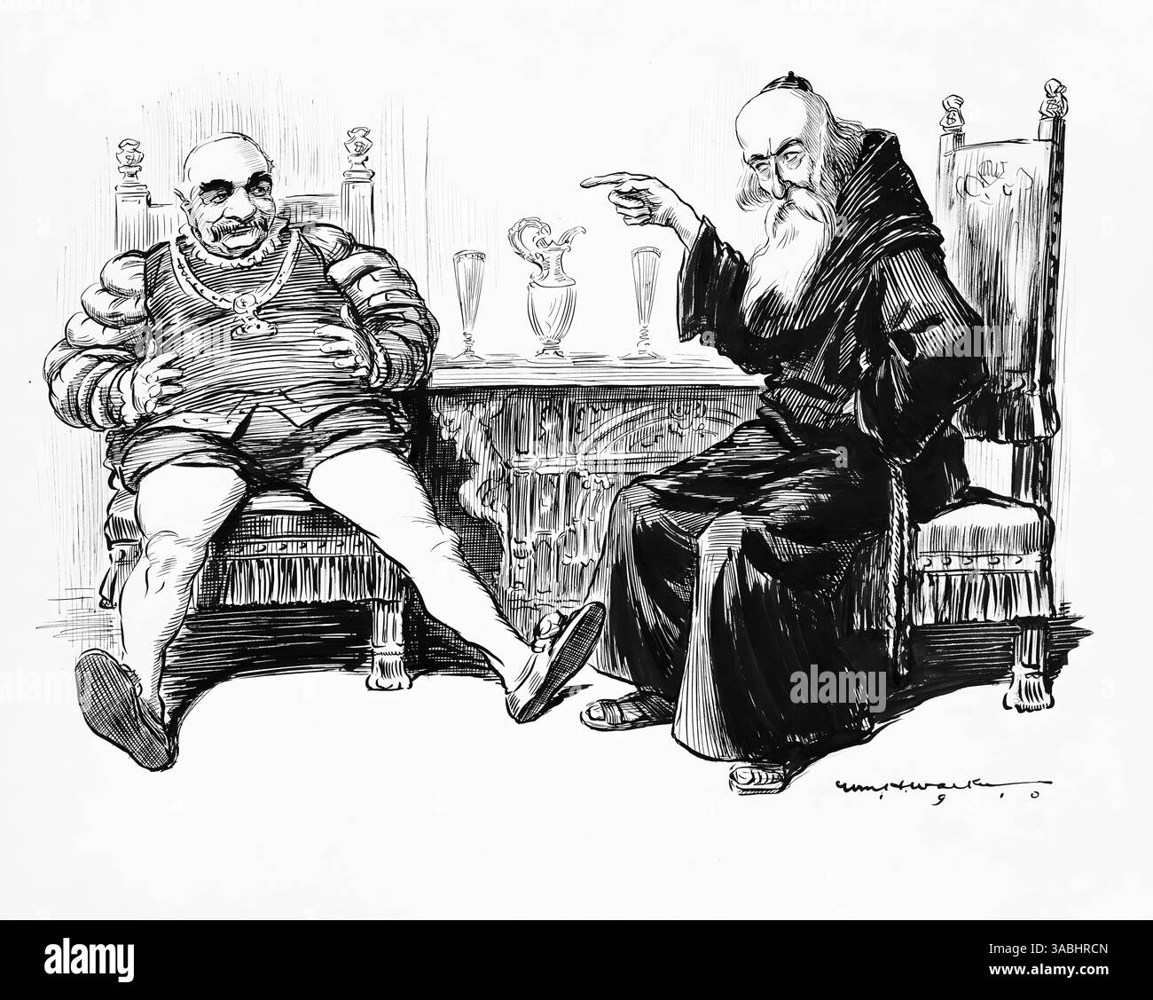 Un'intricata illustrazione che mostra un dialogo vivace tra due personaggi distinti ambientati in un contesto storico Foto Stock