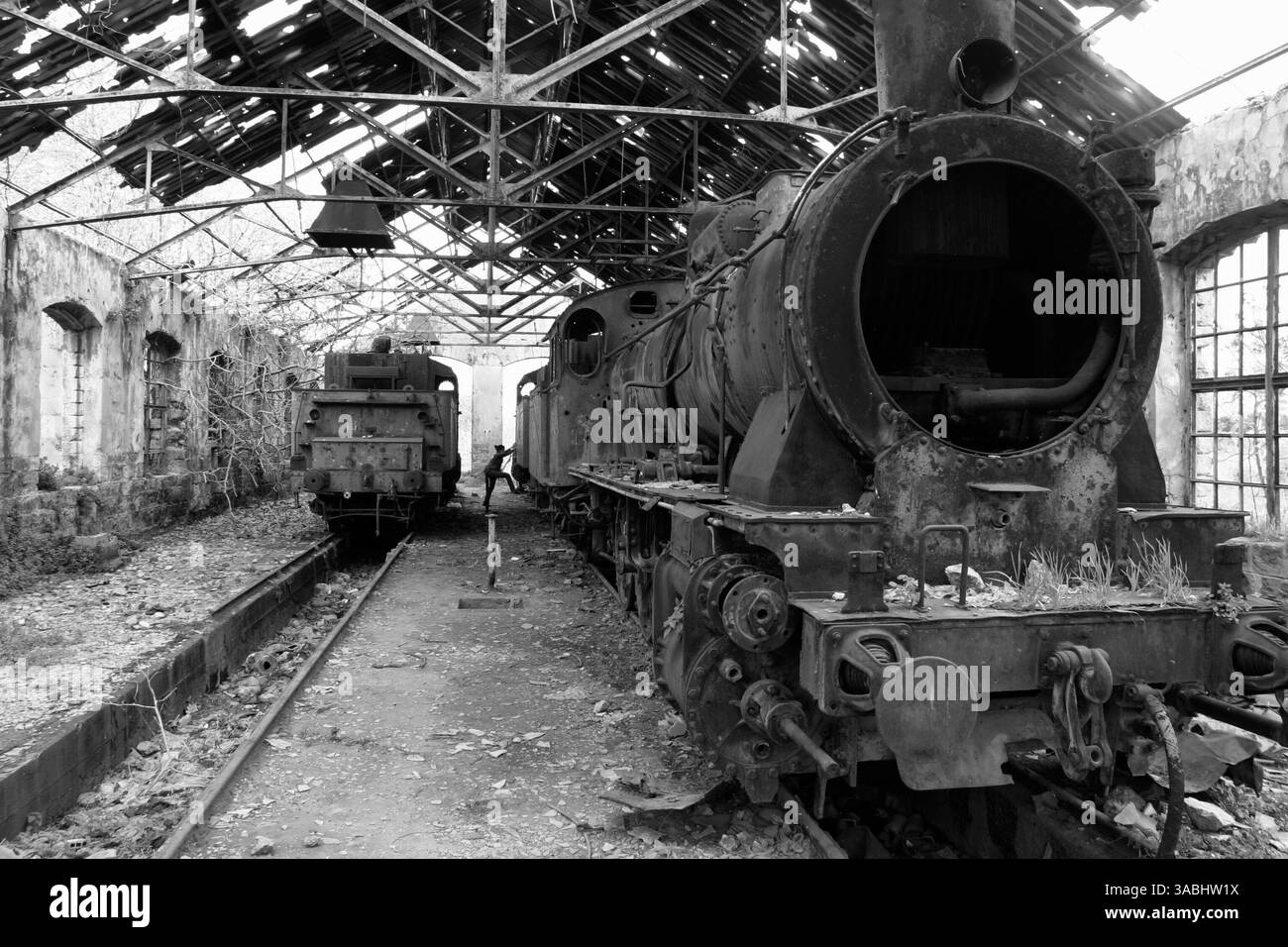 8 giugno 2007 - Tripoli, Libano - la guerra civile libanese (1975C1990) fu una guerra civile poliedrica i cui antecedenti risalgono ai conflitti e ai compromessi politici raggiunti dopo la fine dell'amministrazione libanese da parte dell'Impero Ottomano. Il conflitto è stato notevolmente esacerbato dalle mutevoli tendenze demografiche del Libano, dai conflitti interreligiosi cristiani e musulmani e dal coinvolgimento di Siria, Israele e dell'Organizzazione per la Liberazione della Palestina (OLP). NELLA FOTO: Le locomotive a vapore con proiettile si arrugginiscono all'interno della vecchia stazione ferroviaria di Tripoli, distrutte nel primo anno della guerra civile libanese Foto Stock