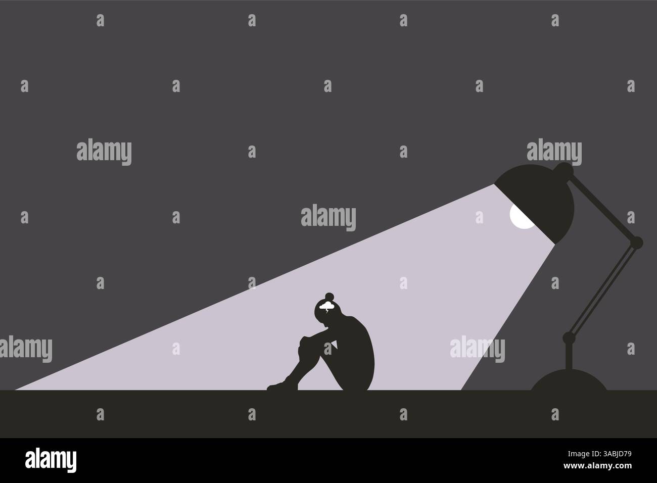 Donna triste e depressa seduta da sola sotto i riflettori. Disturbo depressivo. Concetto di salute mentale Illustrazione Vettoriale