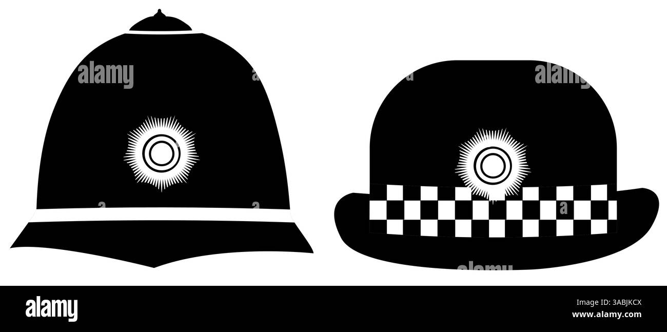 Casco da poliziotto britannico e cappello da poliziotto isolato su sfondo bianco, elemento grafico delle forze dell'ordine britanniche Illustrazione Vettoriale