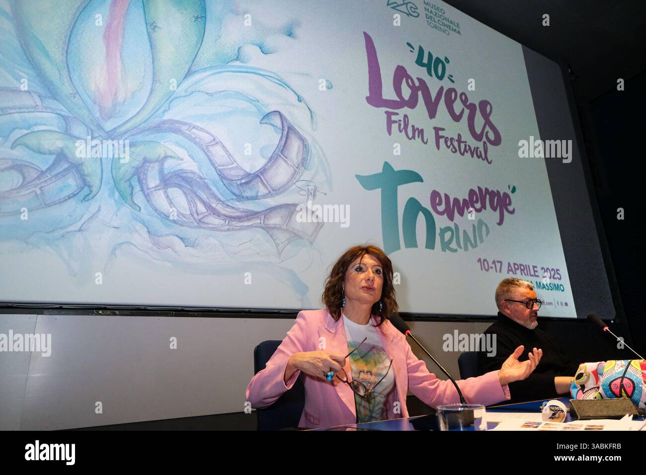 Torino, Italia. 2 aprile 2025. Torino Cinema massimo presentazione di Lovers Film Festival: Il più longevo festival cinematografico LGBTQI in Europa e terzo al mondo, diretto da Vladimir Luxuria, compie 40 anni. Credito: Agenzia fotografica indipendente/Alamy Live News Foto Stock