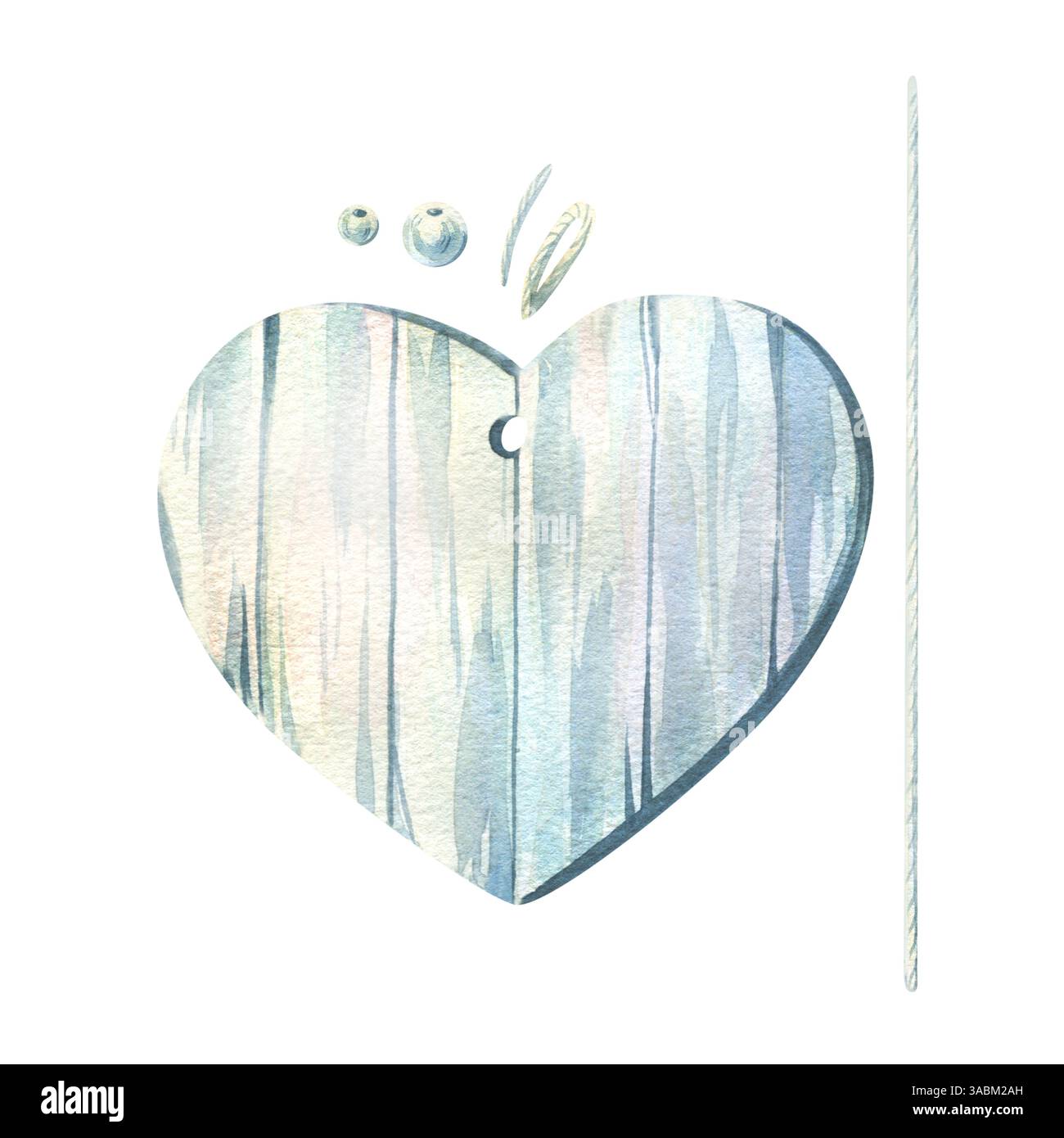 Cuore in legno, appeso con un foro con una texture di vernice chiara grigia con una corda e perline. Illustrazione ad acquerello disegnata a mano. Una serie di individui Foto Stock