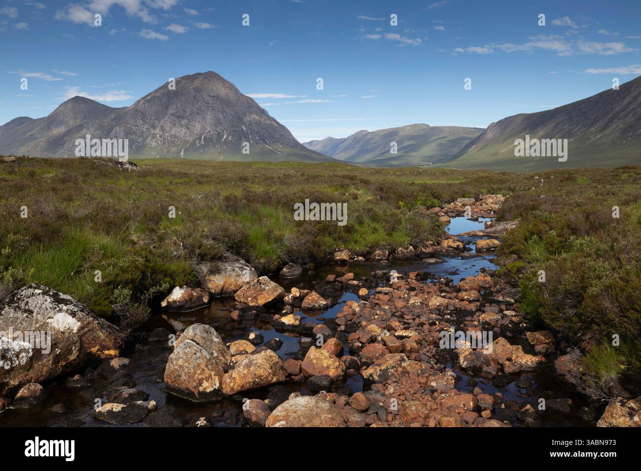 ruscello ben nevis rocce erba cielo blu Foto Stock