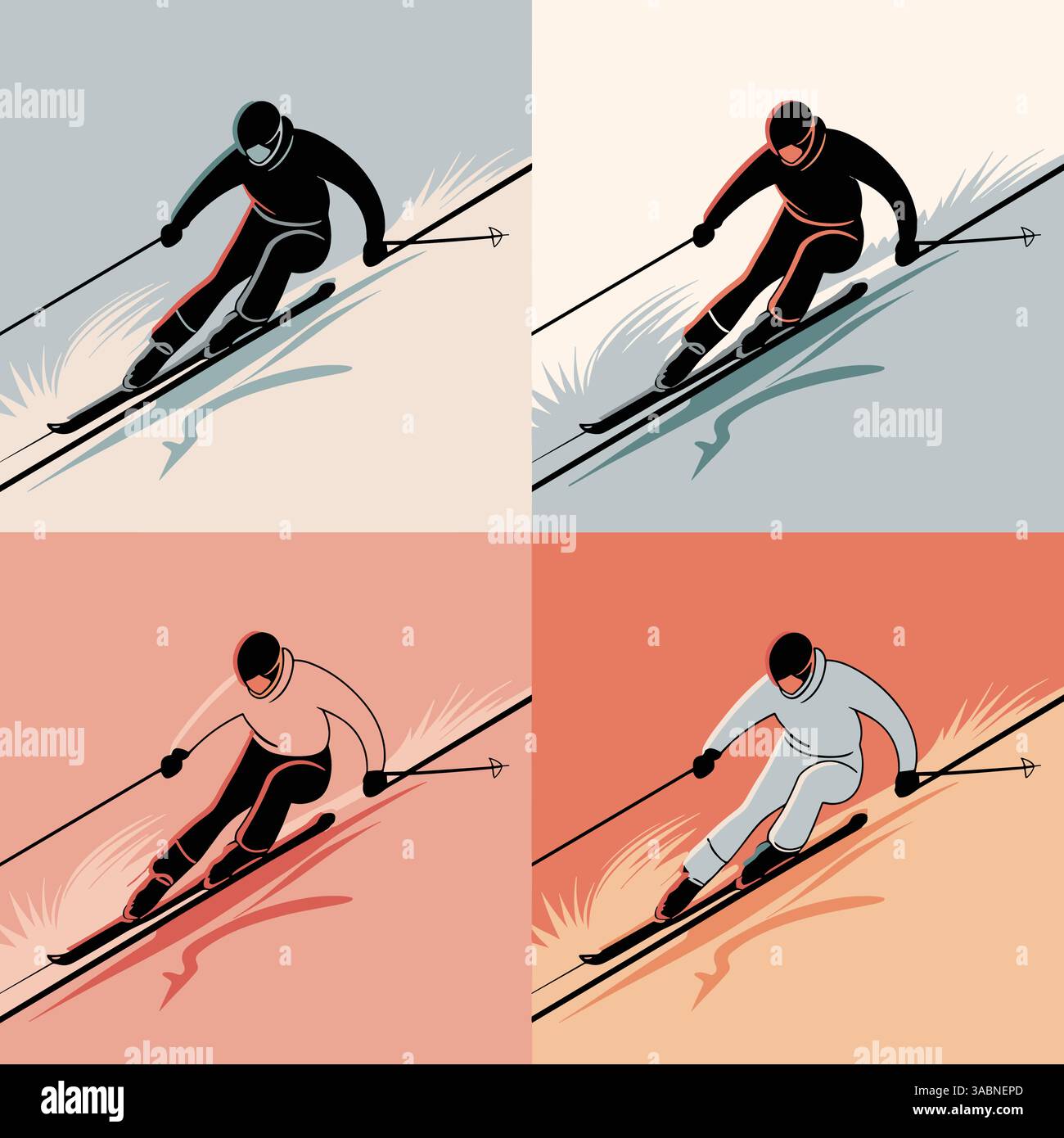 Illustrazione di quattro sciatori stilizzati in diverse combinazioni di colori, che mostrano pose e linee di movimento dinamiche sullo sci, sottolineando velocità e agilità Illustrazione Vettoriale