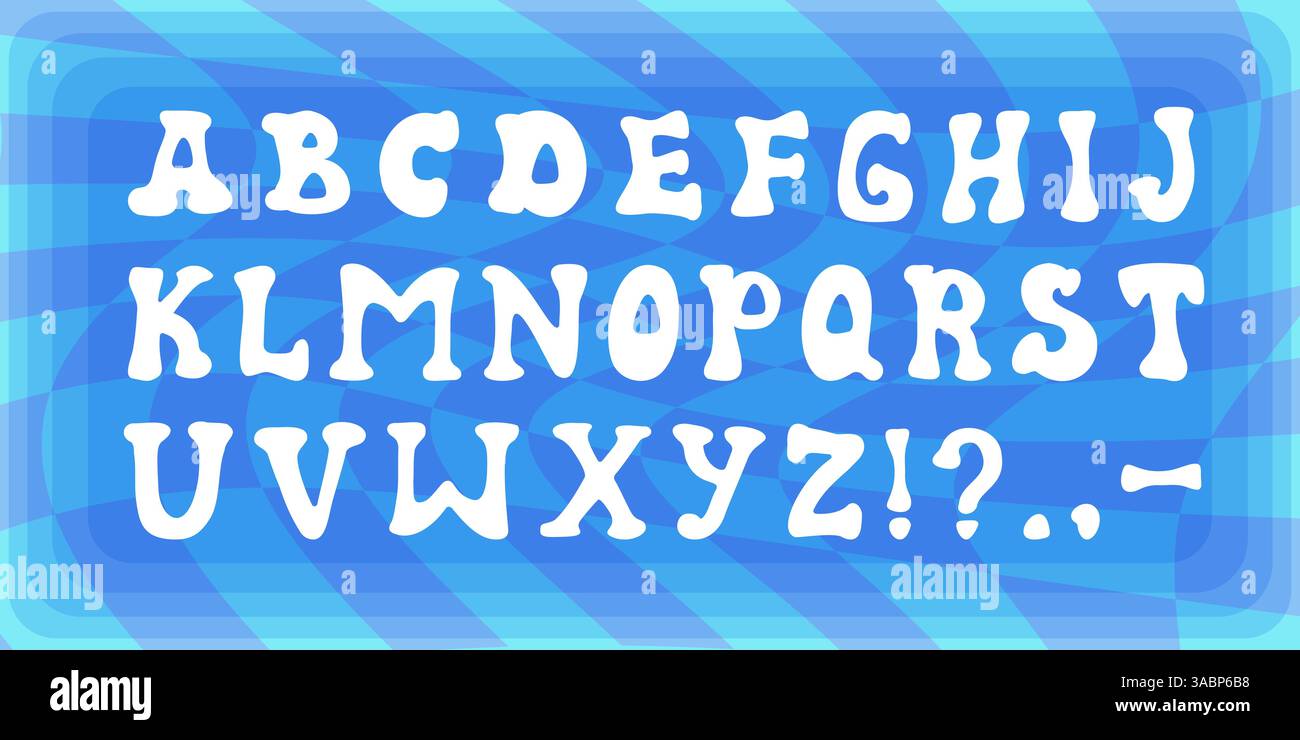 Lettere rave per caratteri scanalati. concetto di tipo psichedelico degli anni '70 su sfondo blu, Illustrazione Vettoriale