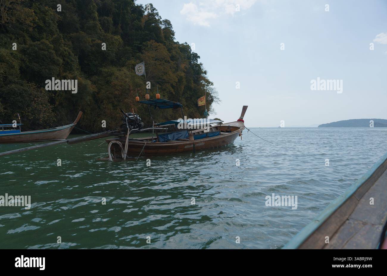 Le barche tailandesi a coda lunga galleggiano dolcemente vicino alla costa della giungla Foto Stock