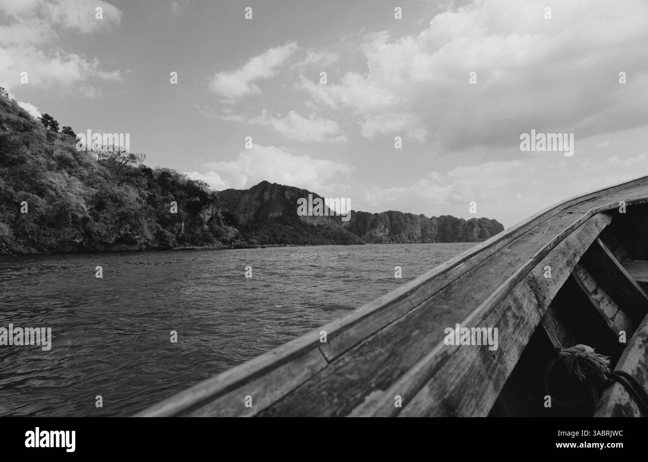 Viaggio monocromatico lungo la costa frastagliata di Krabi sotto un cielo nuvoloso Foto Stock