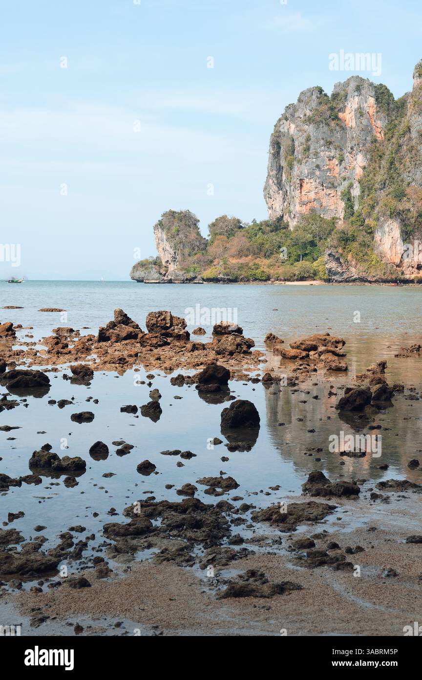 Le scogliere calcaree scoscese si innalzano sopra una tranquilla costa rocciosa durante la bassa marea sulla costa delle Andamane Foto Stock