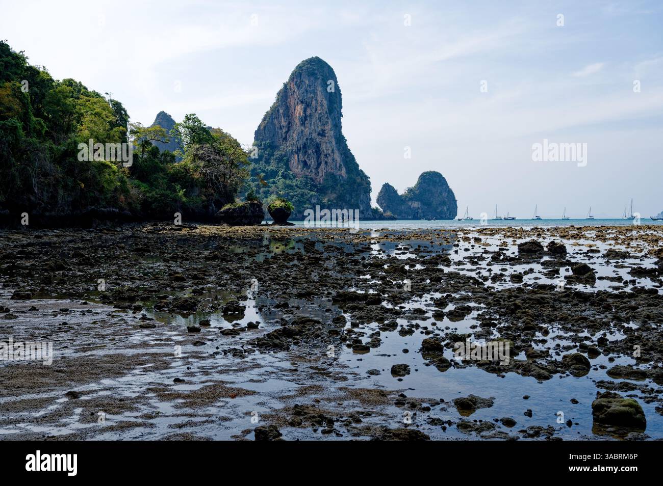 Rocce sparse e riflessi poco profondi verso le torreggianti scogliere carsiche di Railay durante la bassa marea Foto Stock