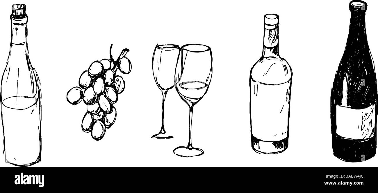 Illustrazioni artistiche di vini e uva Illustrazione Vettoriale