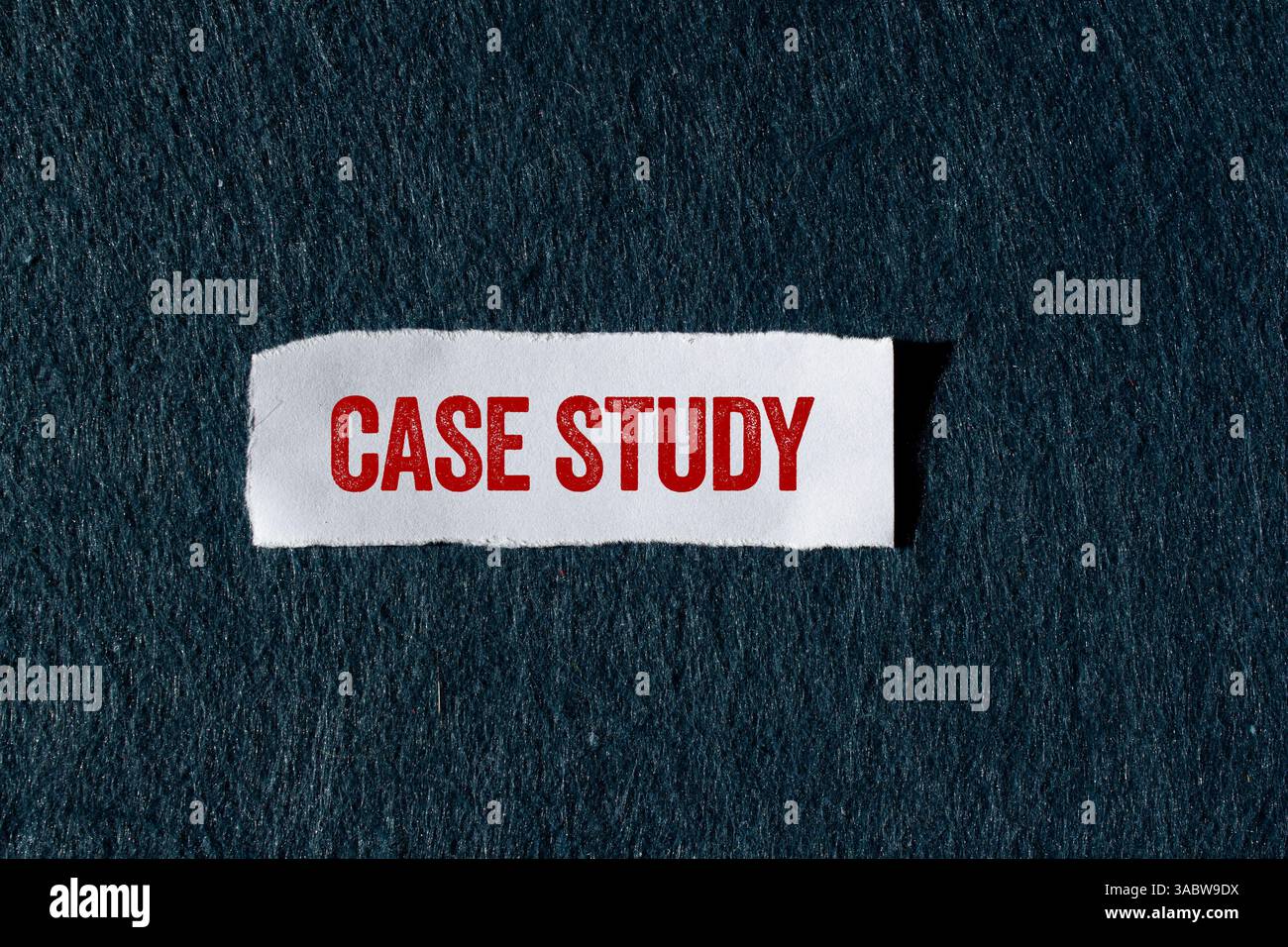 Messaggio di case study scritto su un pezzo di carta strappato con sfondo grigio. Simbolo del case study concettuale. Copia spazio. Foto Stock