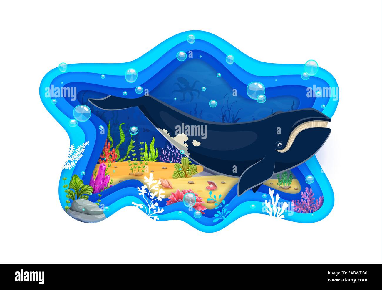 Striscione tagliato in carta per il giorno dell'oceano con il personaggio della balena blu in un vettore sottomarino. Bandiera dell'Ocean Day per la conservazione della natura marina, gli animali sottomarini e i pesci della barriera corallina per la protezione dall'inquinamento Illustrazione Vettoriale