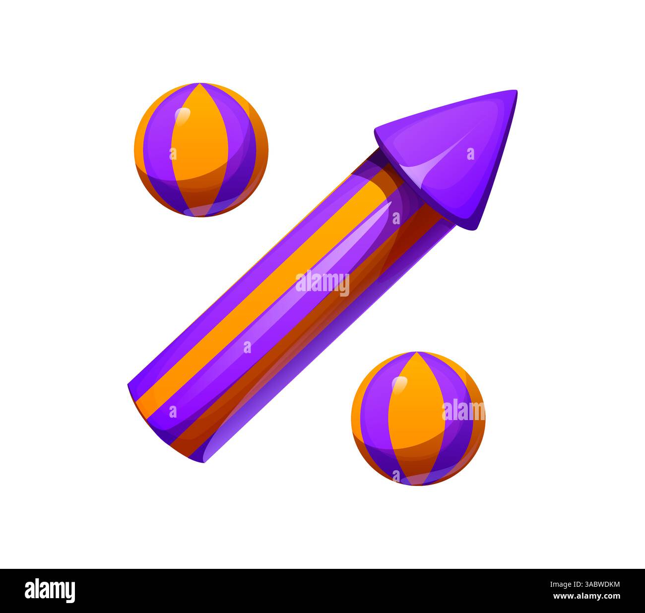 Simbolo percentuale font Cartoon Circus, carattere carnevale retrò, tipo di intrattenimento, alfabeto per bambini. Il personaggio tipografico Vector abc con palline a righe viola e arancione e freccia trasuda un'atmosfera festosa Illustrazione Vettoriale