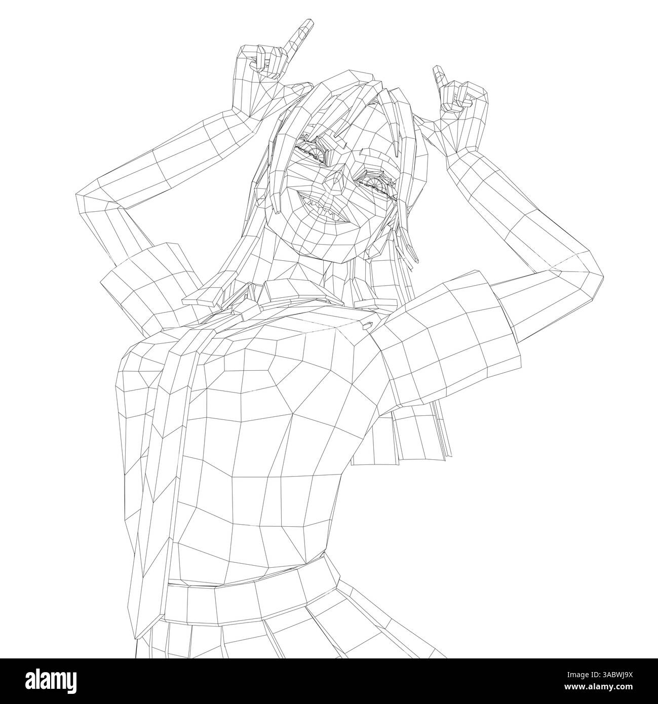 Una donna sta disegnando un cartone animato di se stessa con le mani sulla testa. Lei sorride e ha un'espressione giocosa Illustrazione Vettoriale